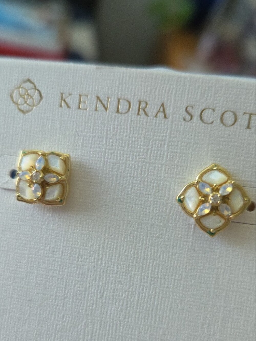 Kendra Scott Dira Stone Gold Stud Earrings, Mother of Pearl Ivory Mix Opal - Picture 5 of 8
